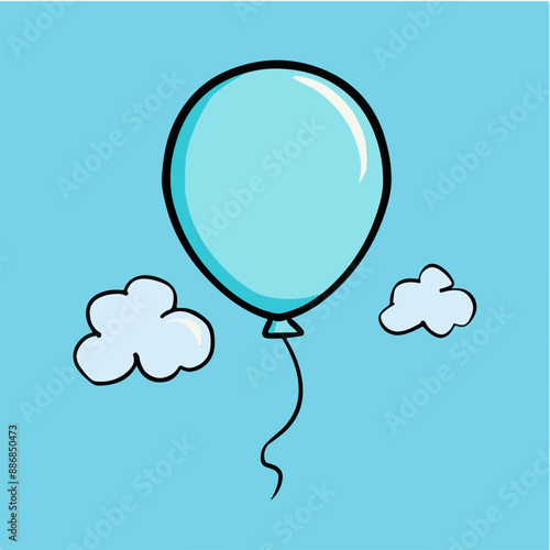 Cartoon Balloon and Clouds on Blue Background, Symbolizing Freedom and Joy