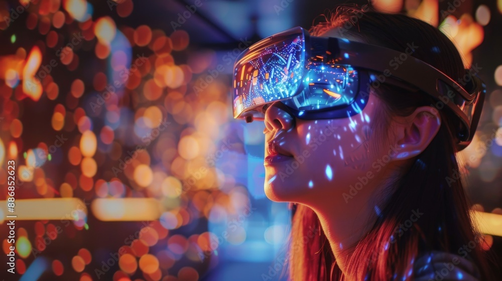 Fototapeta premium Young woman experiencing immersive virtual reality wearing a glowing VR headset against a backdrop of colorful bokeh lights.