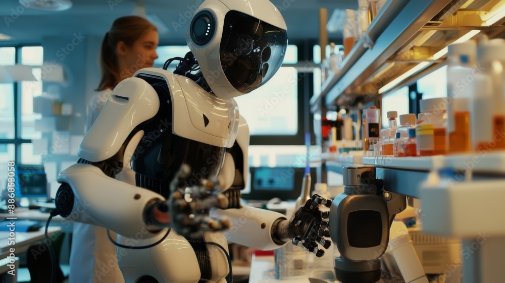 Robot and human working together in a lab Robot and human working together in a lab