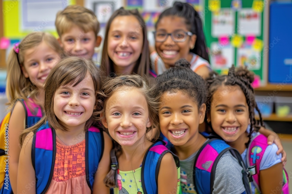 A diverse group of children, each with uniquely colored backpacks, posing happily in front of their classroom A diverse group of children, each with uniquely colored backpacks, posing happily in front of their classroom