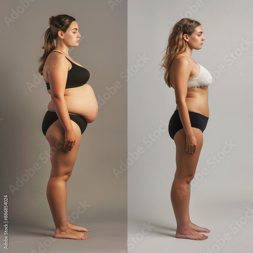 Young girl before and after success weight loss transformation