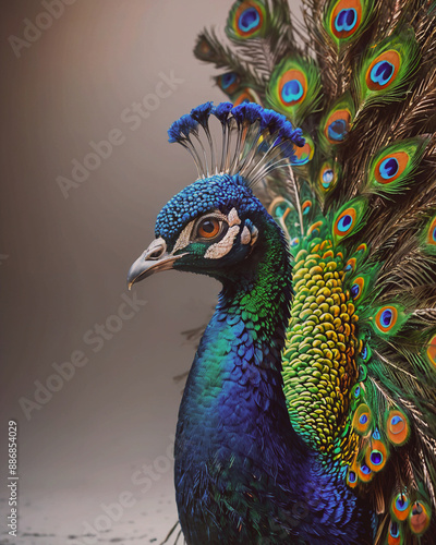 Portrait of Adult male peacock displaying dolorful feathers