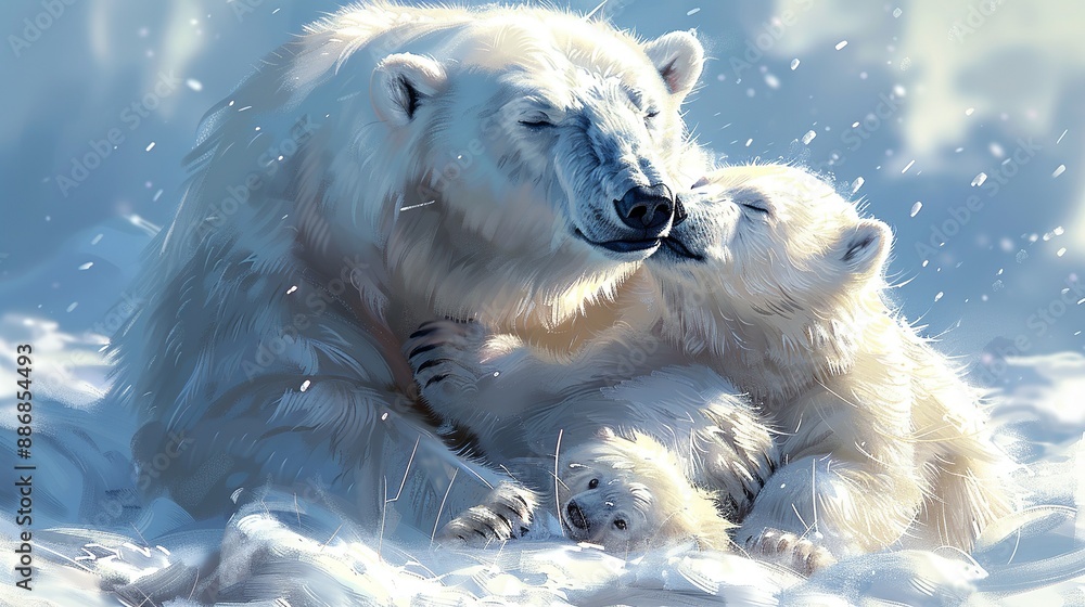 Playful depiction of a polar bear cub playing with its mother in a snowy Arctic landscape, conveying warmth and family bonds. Illustration, Image, , Minimalism, Playful depiction of a polar bear cub playing with its mother in a snowy Arctic landscape, conveying warmth and family bonds. Illustration, Image, , Minimalism,