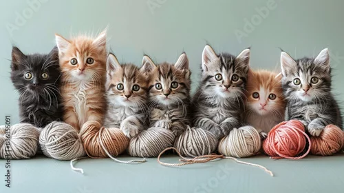 Obraz Cute illustration of a group of kittens tangled in yarn, showcasing playful antics and feline curiosity. Illustration, Image, , Minimalism,