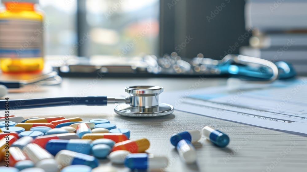 Prescription medication and stethoscope on table with copy space Close up shot Prescription medication and stethoscope on table with copy space Close up shot