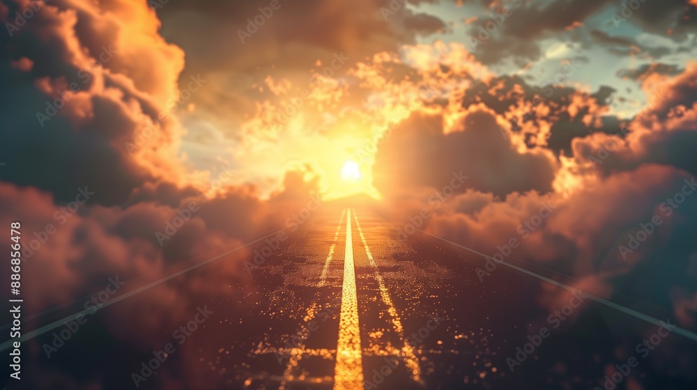 Obraz premium A winding road symbolizing the journey to success, lined with milestones representing determination and motivation. Ideal for illustrating the concept of achievement and perseverance.