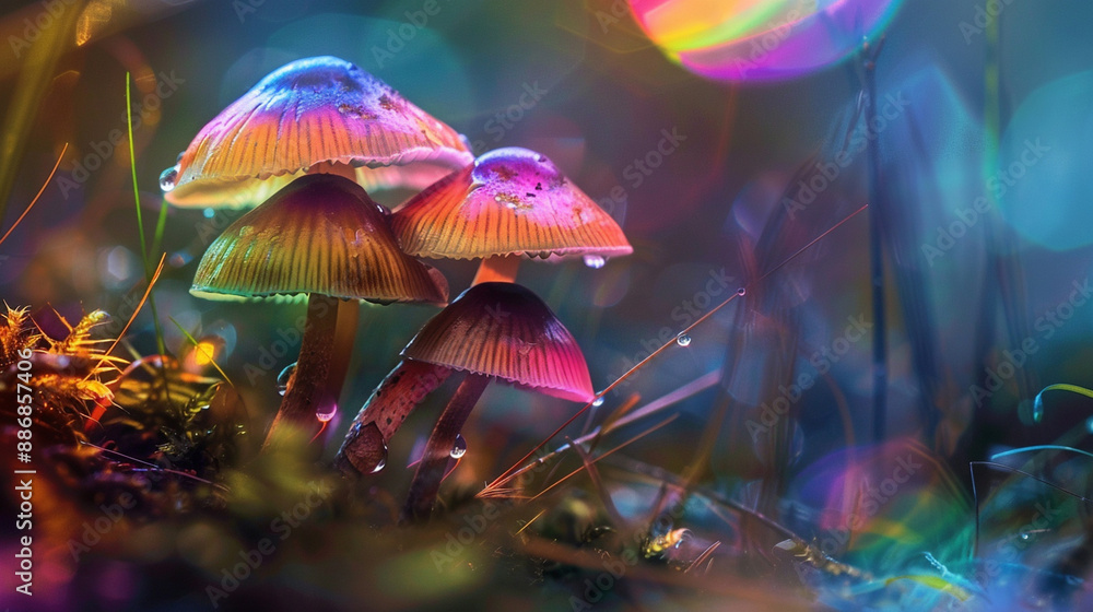 Fototapeta premium Psilocybin, magic mushroom with rainbow colors shown on it