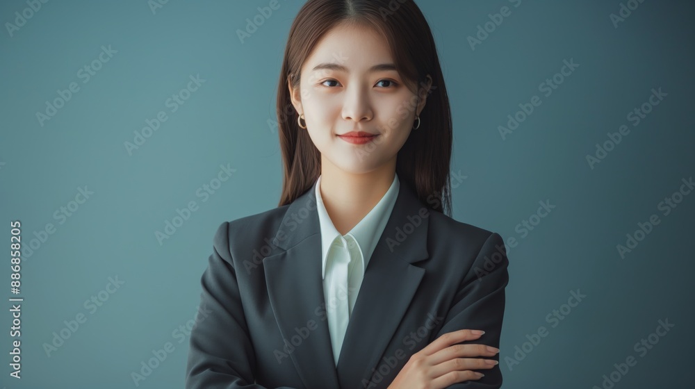 Confident Young Korean Businesswoman In Professional Attire Posing Against Blue Background, Ideal for Corporate, Business, and Marketing Use