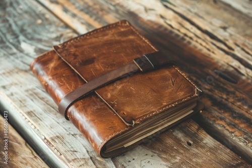 Leather Journal with Bookmark on Wooden Table