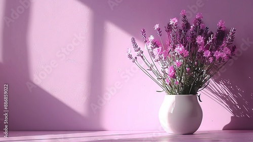   A white vase holds purple flowers atop a wooden table adjacent to a pink wall, casting a shadow on it
