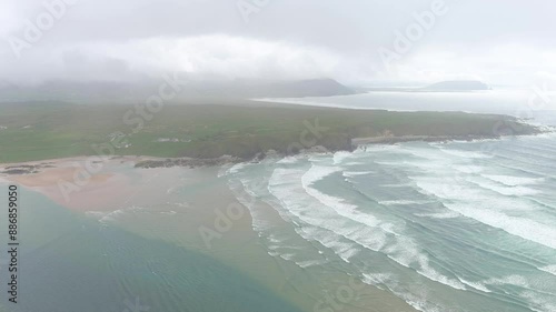 Aerial view of Doagh Strand in foggy weather. County Donegal, Ireland. photo