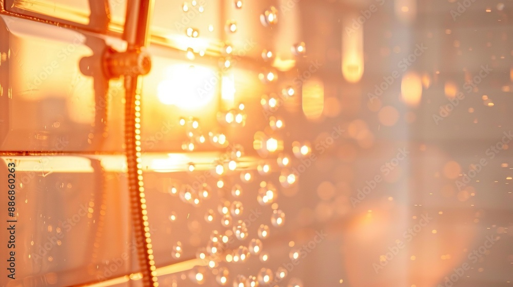 A close-up of a window, with raindrops glistening on its glass surface while sunlight passes through from behind A close-up of a window, with raindrops glistening on its glass surface while sunlight passes through from behind