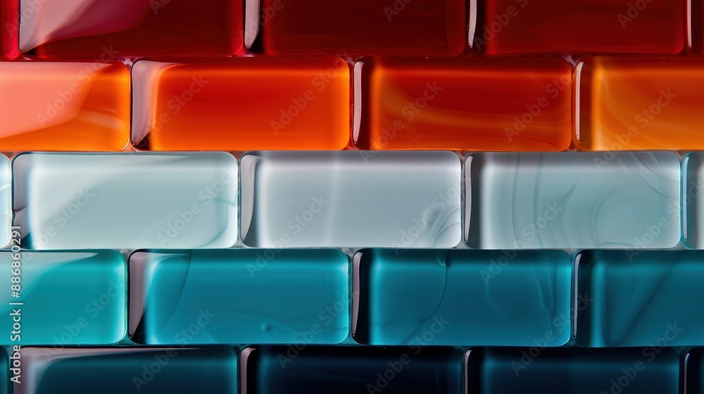 Close-up image of various colored glass tiles on wall - red, orange, blue, and green pattern Close-up image of various colored glass tiles on wall - red, orange, blue, and green pattern