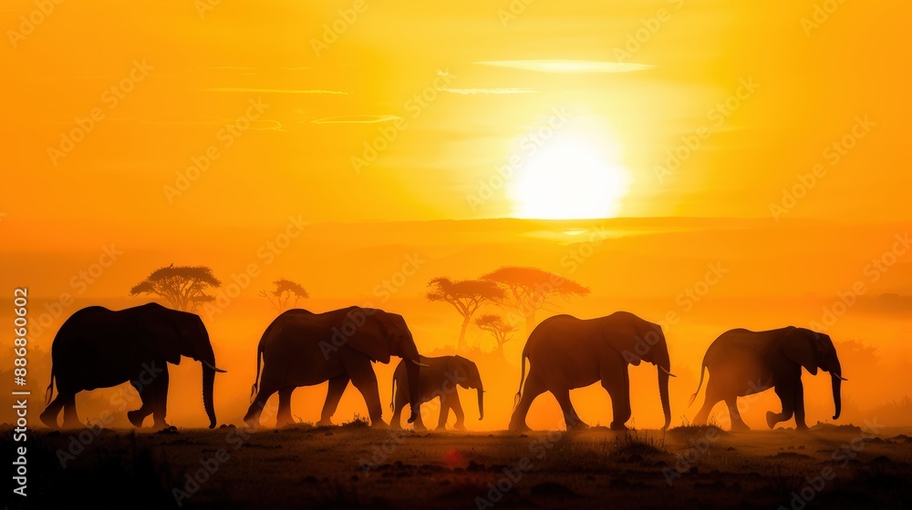 Fototapeta premium Silhouette of a Family of Elephants Walking Through the African Savanna at Sunset