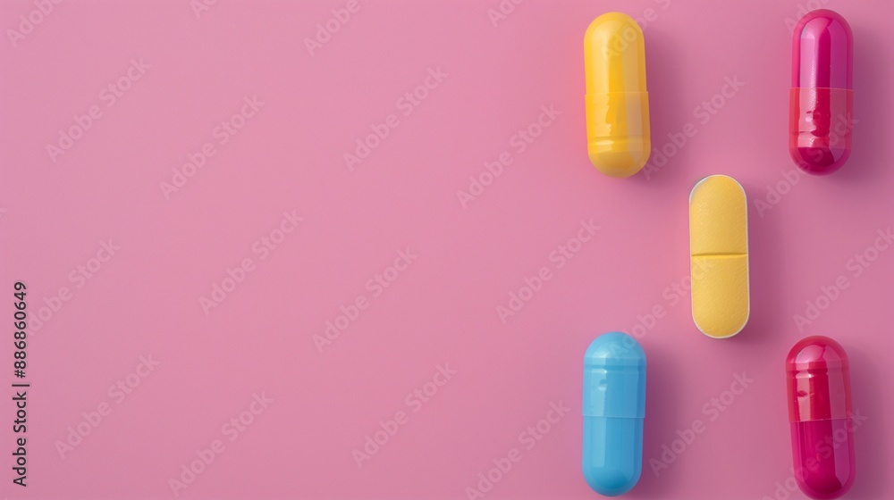 Top-down view of colorful pharmaceutical capsules scattered on a white background, with ample copy space for banner text. Ideal for medical and healthcare-related content. Top-down view of colorful pharmaceutical capsules scattered on a white background, with ample copy space for banner text. Ideal for medical and healthcare-related content.