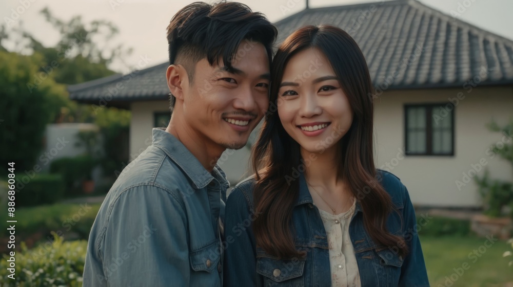 Asian couple smiling in the garden in front of a house, concept of home ownership, new house, achievement, property. Asian couple smiling in the garden in front of a house, concept of home ownership, new house, achievement, property.
