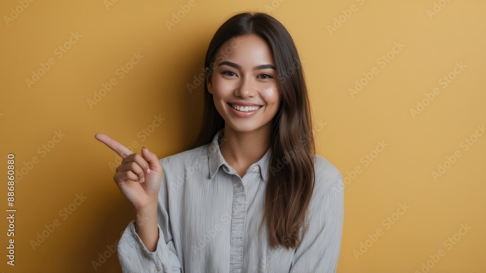 Beautiful young woman smiling and pointing finger to the side, yellow background. Beautiful young woman smiling and pointing finger to the side, yellow background.