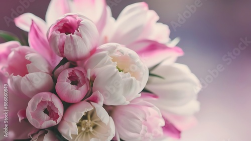 Close up photo of a bouquet of pink and white