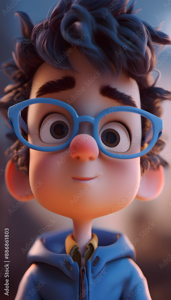A 3D rendered image of a cute, young cartoon boy in jacket, glasses and brown hair. The boy has a friendly expression and large eyes, giving a cute and approachable appearance. A 3D rendered image of a cute, young cartoon boy in jacket, glasses and brown hair. The boy has a friendly expression and large eyes, giving a cute and approachable appearance.