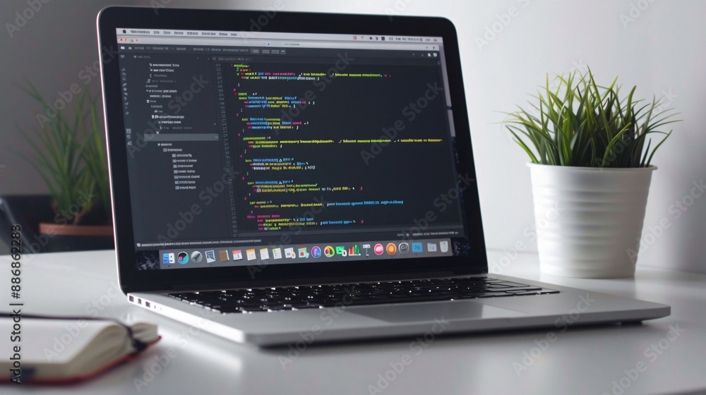 A laptop screen displaying software or a website design, with a stylish desk setup including a plant and coffee cup A laptop screen displaying software or a website design, with a stylish desk setup including a plant and coffee cup