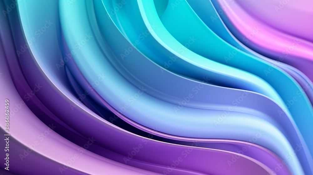 Fototapeta premium Abstract 3D render of flowing wavy curves in vibrant shades of cyan, purple, and pink, creating a smooth and modern fluid background.