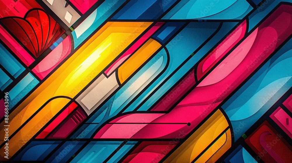 Fototapeta premium A close-up of a colorful painting on the wall, featuring red, yellow, blue, pink, and orange hues