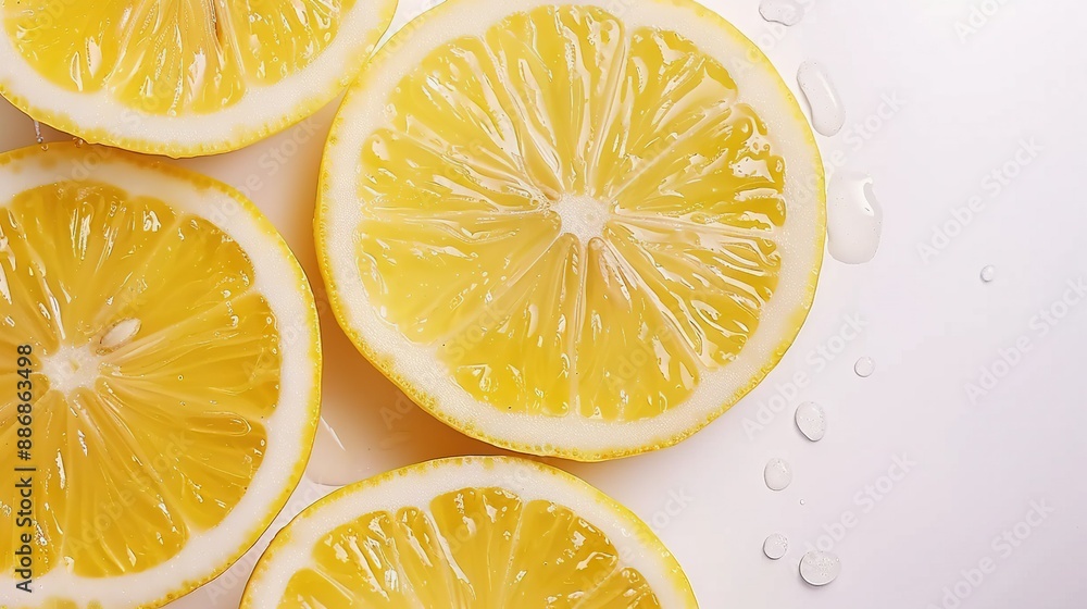 A cluster of lemons cut into slices resting atop a white table adjacent to water drops on a white background A cluster of lemons cut into slices resting atop a white table adjacent to water drops on a white background