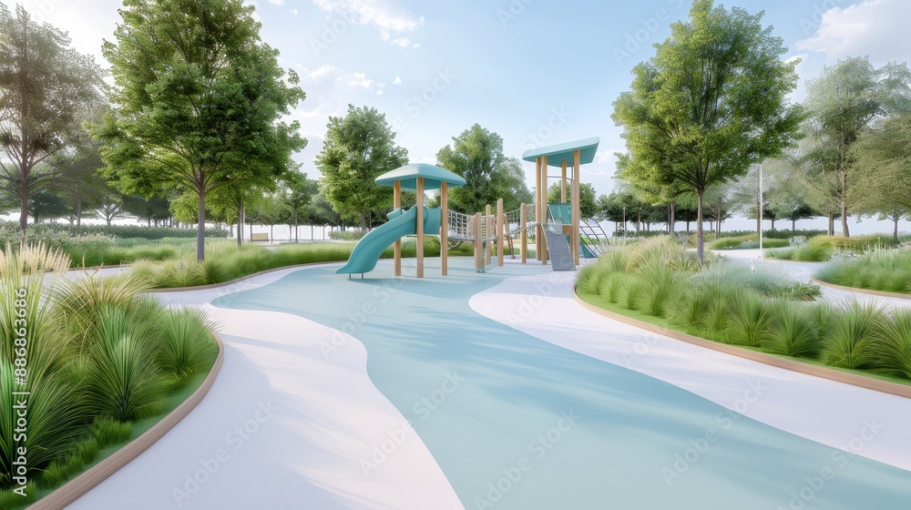 A park with a blue slide and a green play structure A park with a blue slide and a green play structure