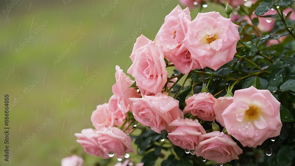 Obraz premium Pink roses grow on a bush in natural conditions with raindrops on the petals soft contrast closeup background