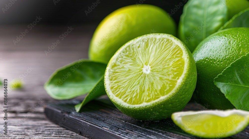 A lime cut in half rests atop a wooden cutting board, surrounded by leaves and a nearby lime slice A lime cut in half rests atop a wooden cutting board, surrounded by leaves and a nearby lime slice
