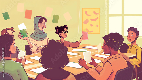 A group of people are sitting around a table with papers and markers