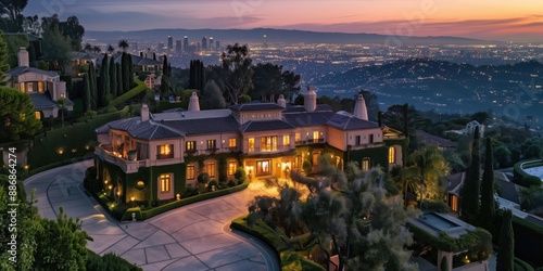 An opulent mansion illuminated with warm lights during dusk stands contrasted against the evening skyline and rolling landscapes, embodying luxury, wealth, and tranquility.