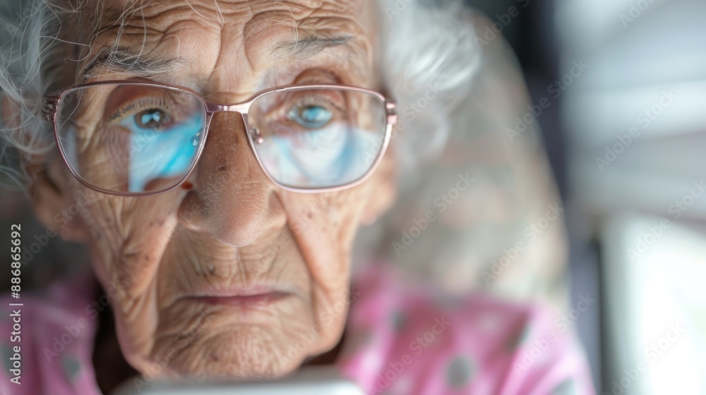 A woman with glasses is looking at a cell phone A woman with glasses is looking at a cell phone