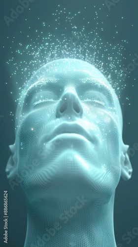 A man's face is shown in a blue color with a lot of dots