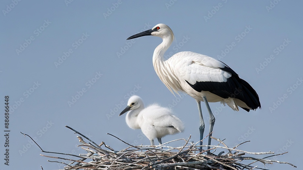 A bird perched atop a nest with a newborn chick resting in front A bird perched atop a nest with a newborn chick resting in front