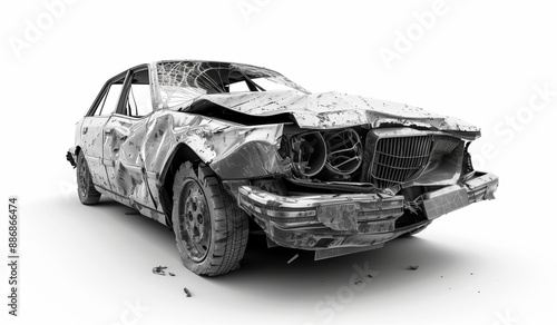 An isolated view of a heavily damaged classic car, displayed on a white background, showing extensive damage to the front and sides of the vehicle, with visible structural collapse.