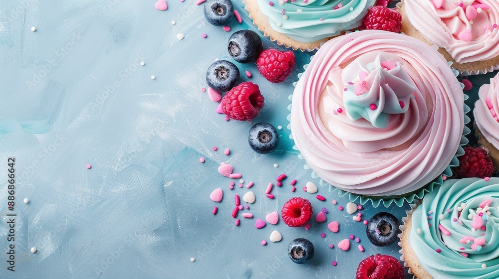 A cluster of cupcakes with frosting and raspberries on a blue base, adorned with pink and blue sprinkles A cluster of cupcakes with frosting and raspberries on a blue base, adorned with pink and blue sprinkles