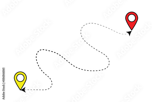 Route icon - two points with dotted path and location pin.  GPS navigation line route mark. eps 10. Route location icon two pin sign and dotted line.