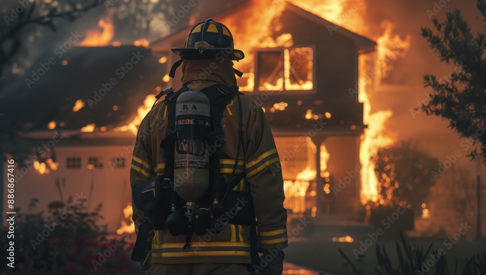 A dedicated firefighter is seen standing in full gear in front of a house engulfed in flames, demonstrating bravery and resilience in the face of danger. A dedicated firefighter is seen standing in full gear in front of a house engulfed in flames, demonstrating bravery and resilience in the face of danger.