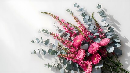 Floral composition with pink flowers and eucalyptus on white background flat lay top view