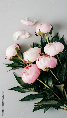 Beautiful peony flowers and green leaves on light gray background flat lay