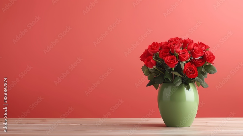 Fototapeta premium A green vase holds a red rose bouquet on a weathered wood table, positioned against a pink wall