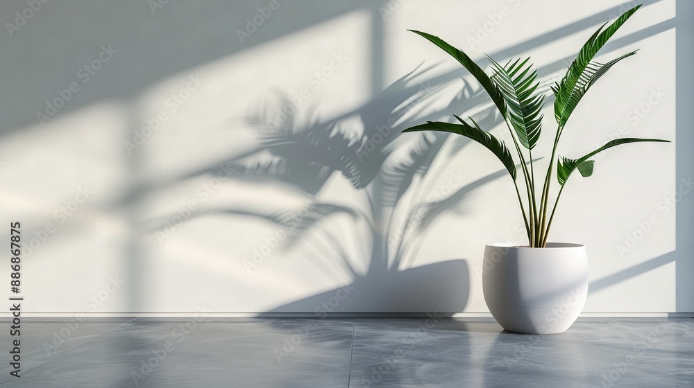Potted palm tree sitting on table wall shadow Potted palm tree sitting on table wall shadow