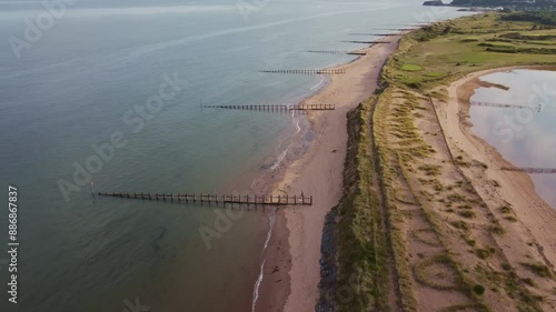 A drone view of the beach and dunes at Dawlish Warren, guarding the mouth of the River Exe, Devon, England, United Kingdom, Europe photo