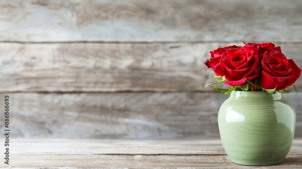 A green vase, filled with red roses, sits atop a wooden table Behind it, a wood plank wall lies in the backdrop A green vase, filled with red roses, sits atop a wooden table Behind it, a wood plank wall lies in the backdrop