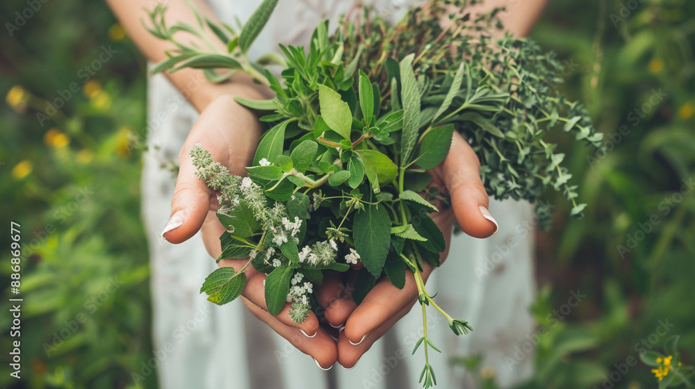 Obraz premium Woman's hands holding a bunch of medicinal organic herbs