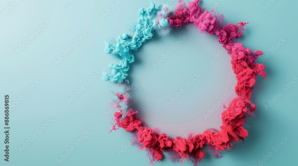 a blue background bears a large pink circle encased within a circumference comprised of colored powder a blue background bears a large pink circle encased within a circumference comprised of colored powder