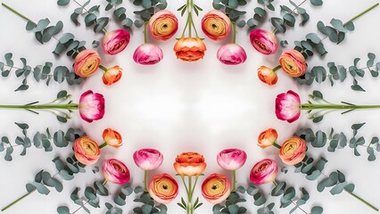 Floral border of pink and orange ranunculus hyacinth and eucalyptus on a white background top view