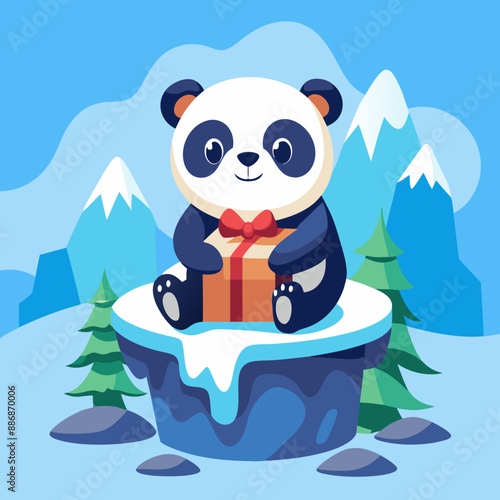  cute panda sitting on a hill of ice and open a gift box vector illustration 