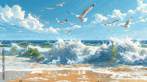 Lively illustration of a flock of seagulls soaring over crashing ocean waves, with a sandy beach in the foreground. Illustration, Image, , Minimalism,
